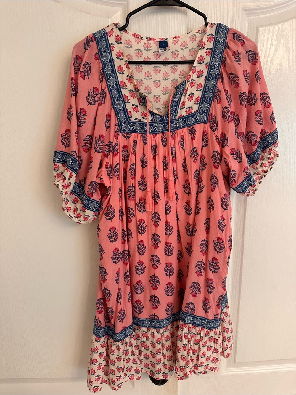 Old Navy Pink Floral Midi Peasant Dress with Navy Trim